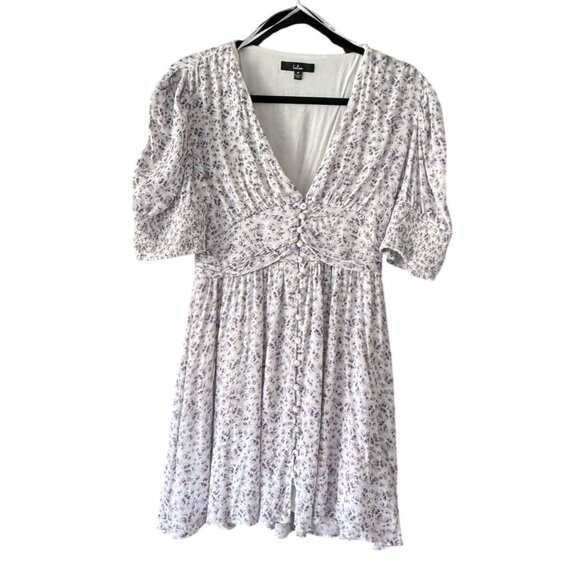 Lulus White Purple Ditsy Floral Button Detail Mini Dress M Cottagecore  GIrly - Picture 1 of 7